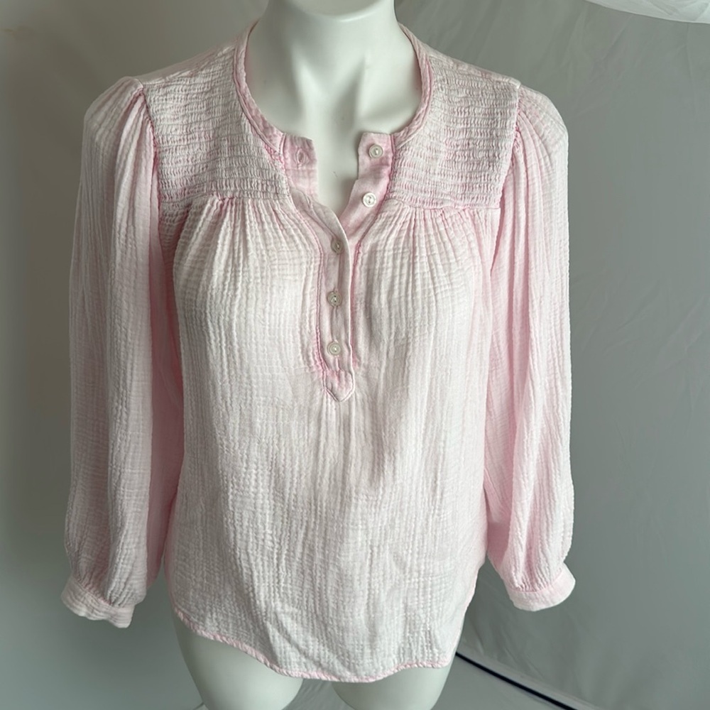 Red Haute light pink smocked Henley blouse